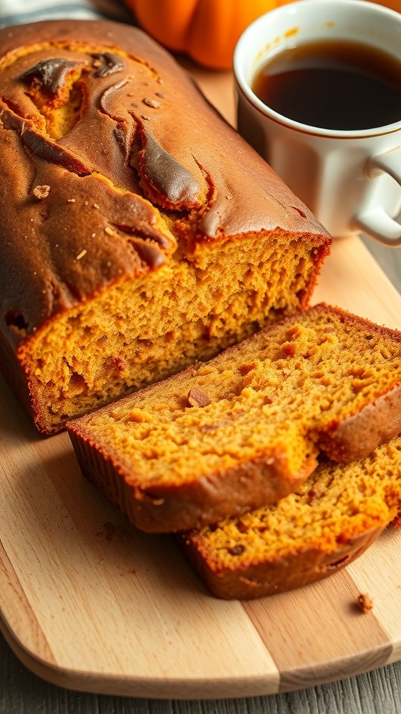 Moist Pumpkin Bread with Vanilla Pudding Sliced pumpkin bread with a golden crust on a wooden board, accompanied by a cup of coffee.